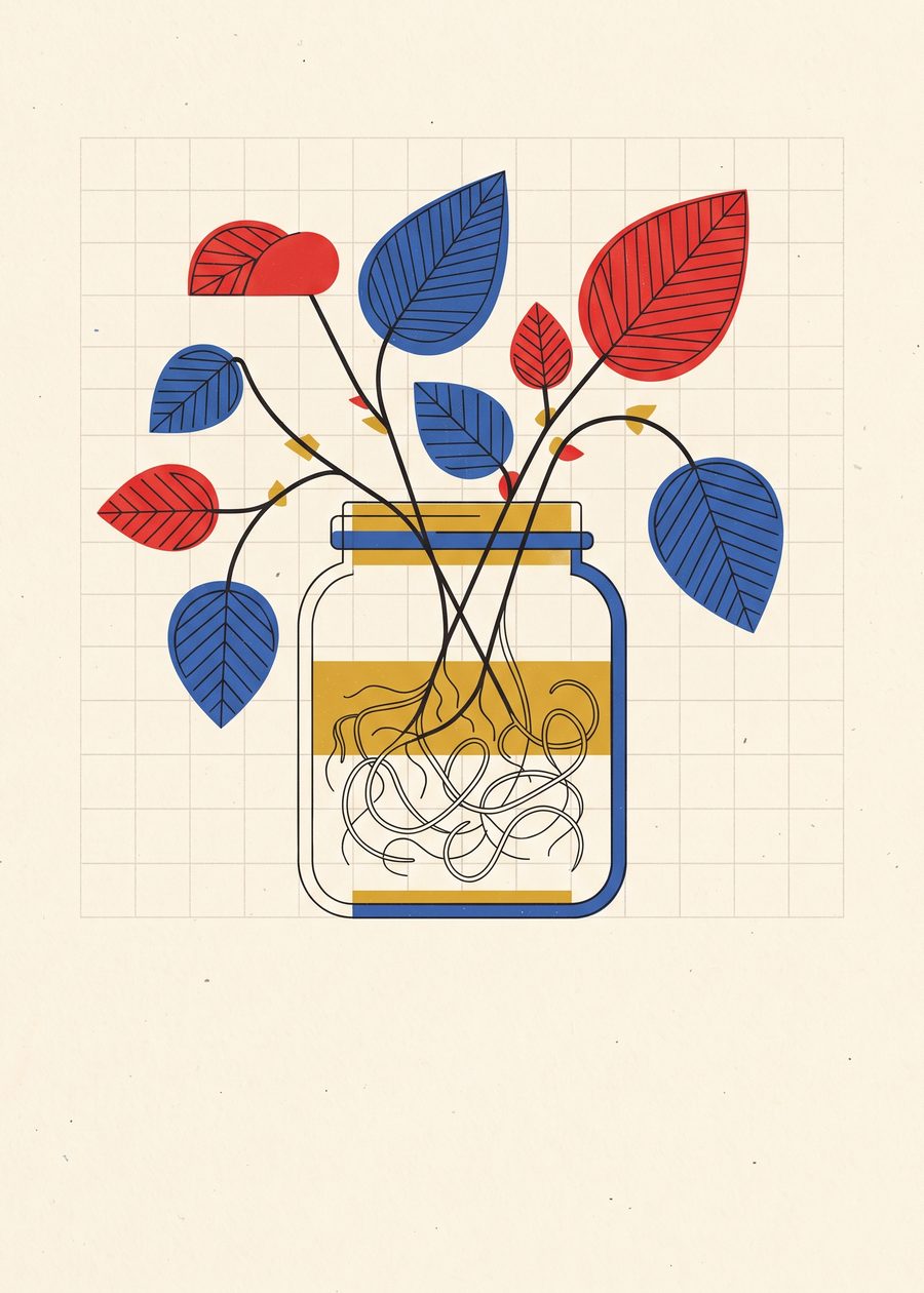 a pothos cutting rooting in a glass jar, leaves as cobalt and red semicircles, pen-drawn roots curling in the water