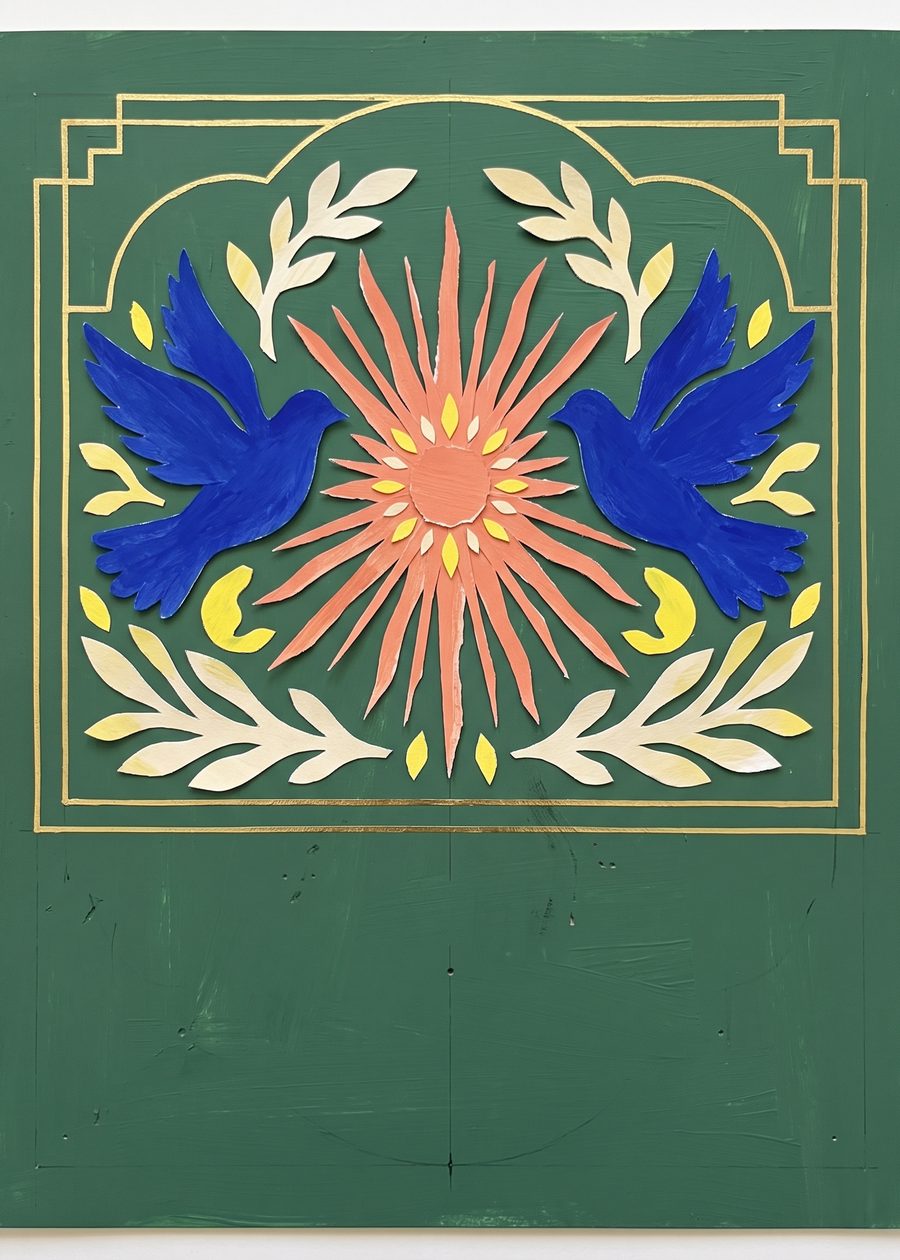 two mirrored ultramarine dove cutouts flanking a coral sunburst