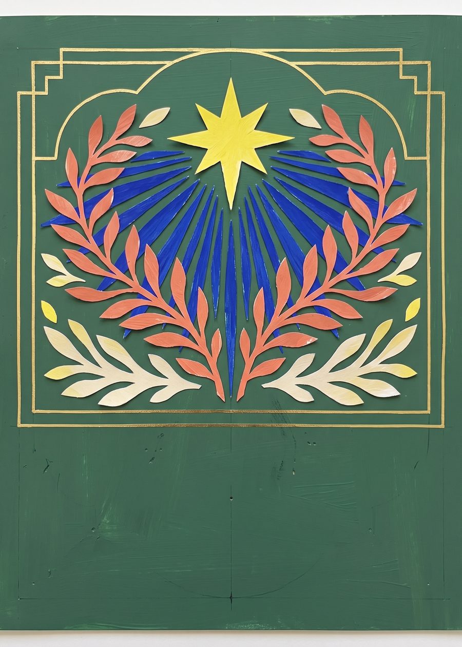 a lemon star rising above a fan of ultramarine rays and coral leaves