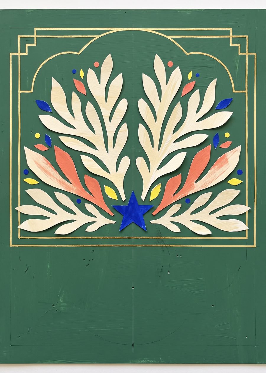 a fan of cream seaweed-leaf cutouts opening around a single ultramarine star