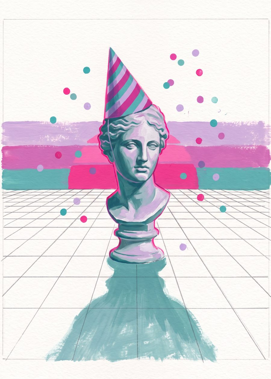 a marble bust wearing a striped party hat, round painted confetti dots in the air