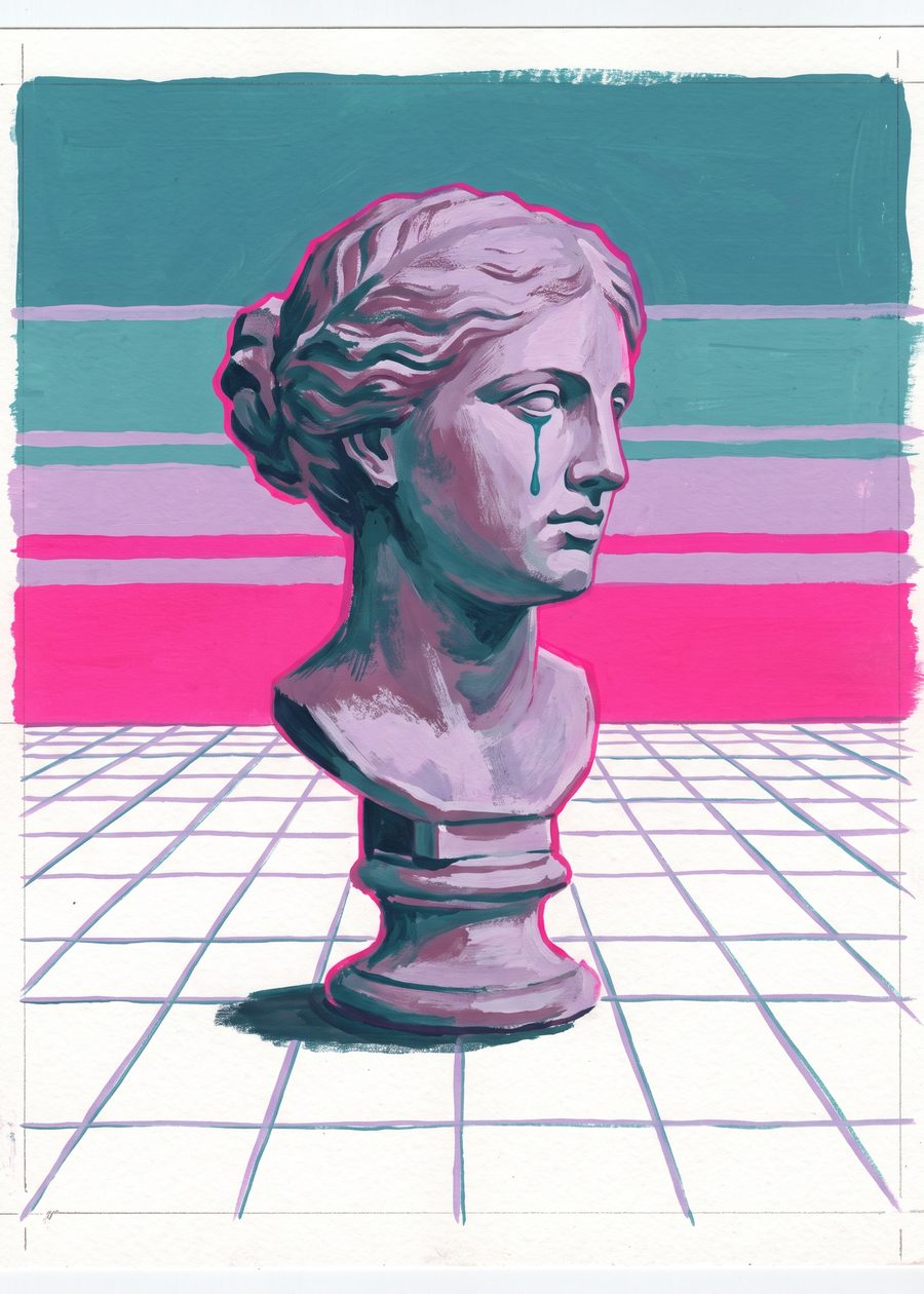 a marble bust with one painted teal tear, gazing toward the sunset