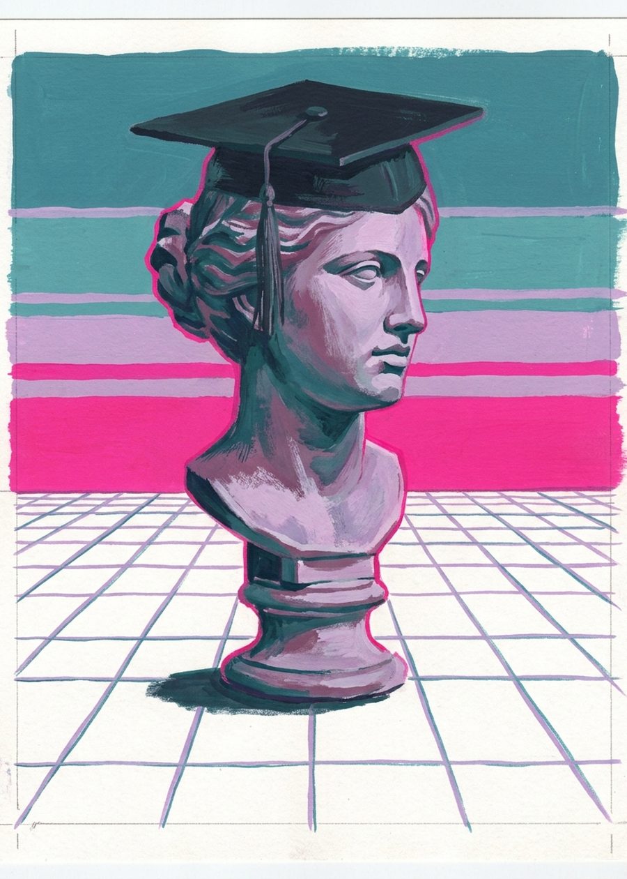 a marble bust wearing a black mortarboard with a tassel