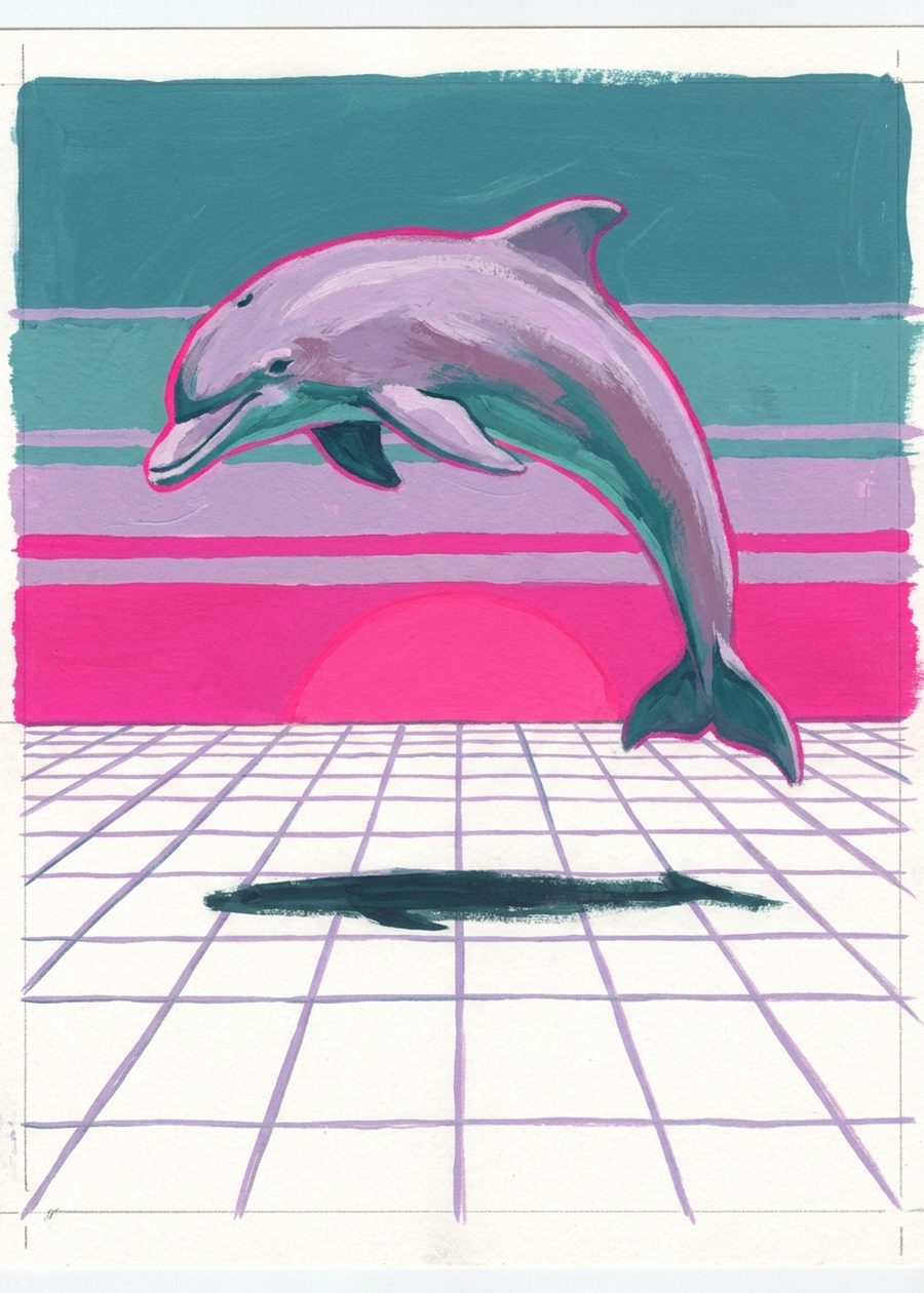 a dolphin arcing over the grid in front of the setting sun