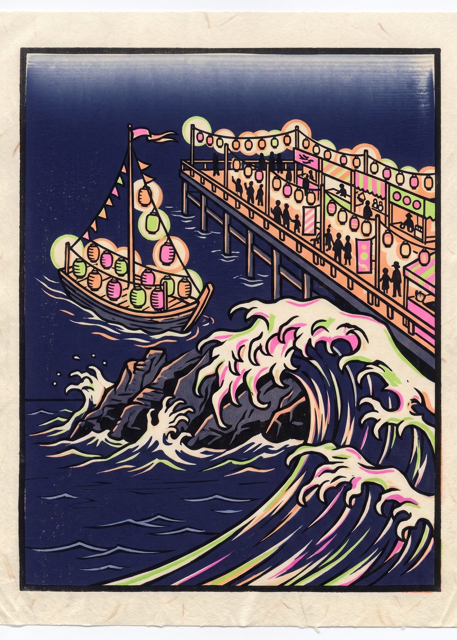 a paper lantern boat drifting away from a lit pier toward open water