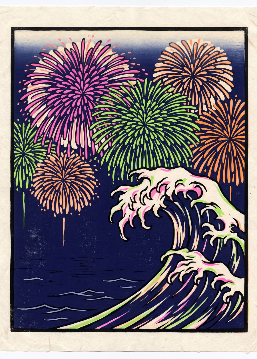 chrysanthemum fireworks bursting above a great clawed wave