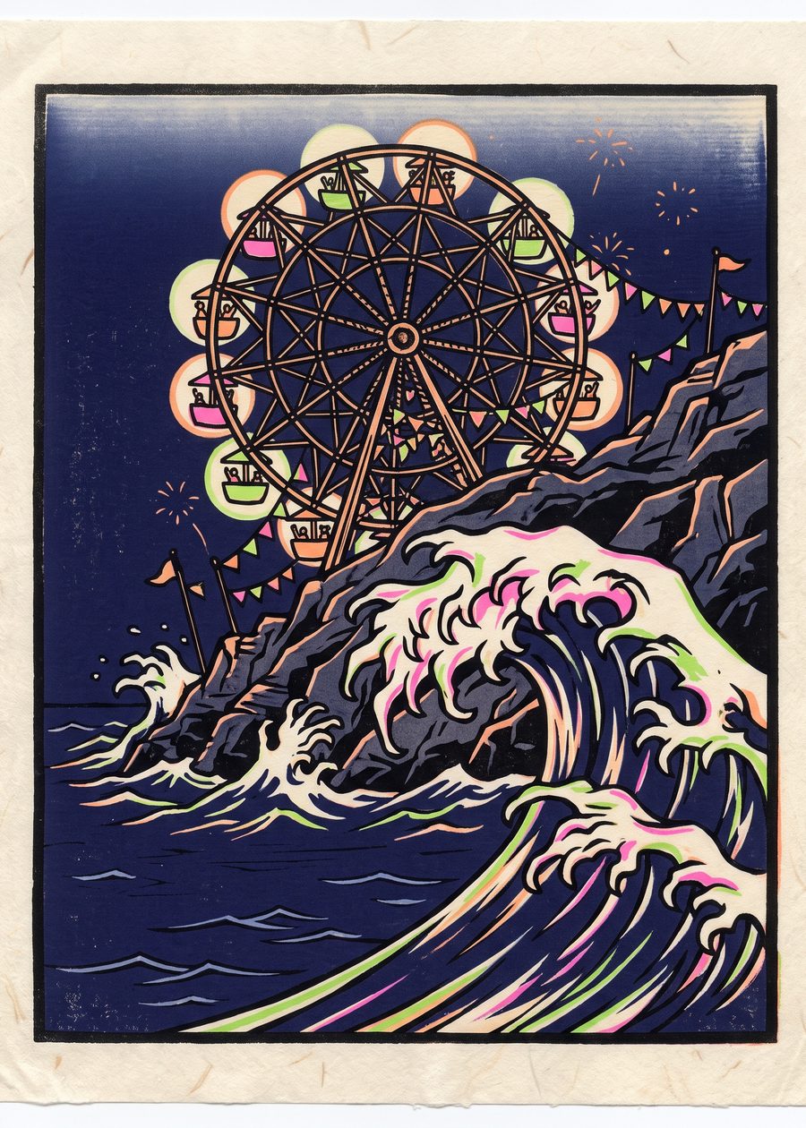 a Ferris wheel on a rocky shore above clawed waves